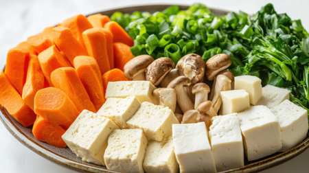 Colorful assortment of fresh carrots, green onions, mushrooms, and tofu cubes arranged on a plate, perfect for healthy meal preparation and vibrant cooking inspiration.の素材