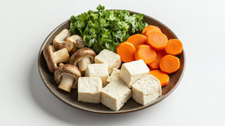 A vibrant plate showcasing fresh carrots, mushrooms, tofu blocks, and cilantro, ideal for promoting healthy cooking and nutritious meal preparation in a bright kitchen atmosphere.の素材