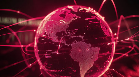 Stunning abstract image of a red glowing globe with vibrant network connections, representing the interconnected nature of technology and global communication in a digital era.の素材