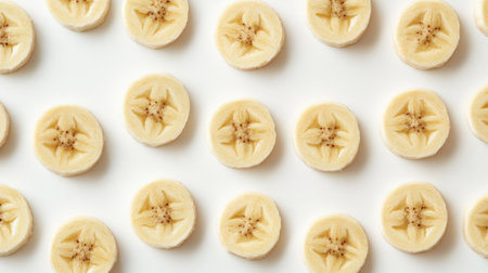 A top view of neatly arranged banana slices on a clean white surface, showcasing their texture and freshness, ideal for healthy eating and culinary designs.の素材