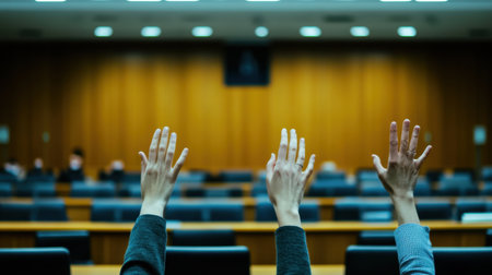 Hands raised in a formal assembly illustrate active participation and engagement during a critical decision-making moment in a professional or governmental setting.の素材