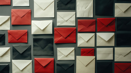 A visually striking arrangement of colorful envelopes in red, white, black, and beige, perfect for creative projects, designs, or as a unique background for messages and invitations.の素材