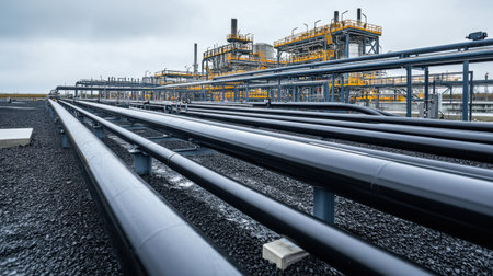 A striking view of industrial pipelines and infrastructure at a processing facility, showcasing the intricate network necessary for energy production under a moody sky.の素材