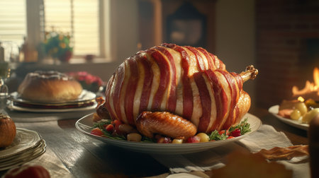 A beautifully roasted turkey wrapped in crispy bacon sits at the center of a festive dining table. Surrounded by colorful side dishes, the scene radiates warmth and holiday cheer.の素材