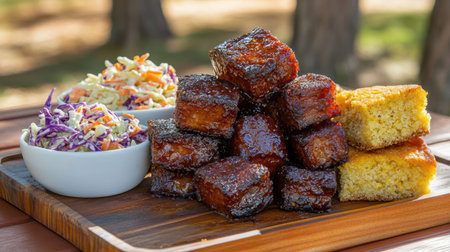 A mouthwatering display of tender barbecue pork paired with fresh coleslaw and cornbread on a rustic wooden board, perfect for outdoor gatherings or leisurely meals.の素材