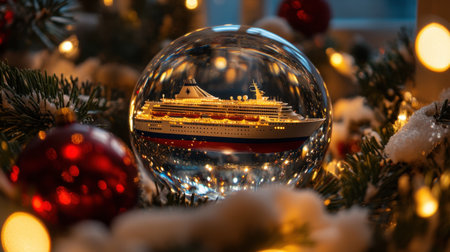 A captivating snow globe showcases a beautifully detailed cruise ship, surrounded by festive decorations and soft glowing lights, perfect for holiday celebrations and seasonal decor.の素材