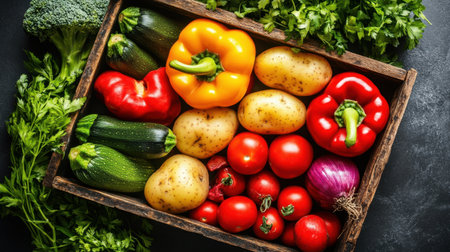 A vibrant assortment of fresh organic vegetables arranged in a rustic wooden crate showcases healthy ingredients perfect for cooking and meal prep.の素材