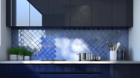A modern kitchen featuring a stylish blue tile backsplash, sleek cabinetry, and minimal accessories, creating an elegant and inviting cooking environment. Ideal for contemporary homes.の素材