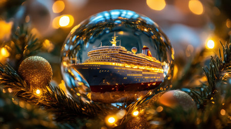 A captivating glass ornament reflecting a beautiful cruise ship, adorned with twinkling lights and festive decorations, evoking a warm holiday spirit and dreams of travel.の素材