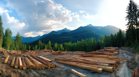 A picturesque mountain landscape showcases logs in a lumber yard surrounded by vibrant trees and dramatic clouds during the golden hour, highlighting nature's beauty.の素材