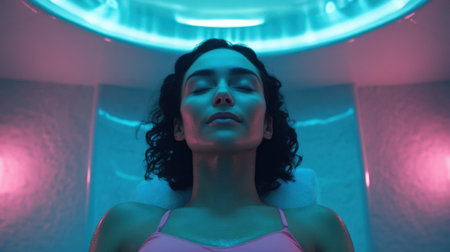 A calm woman enjoys a serene spa experience, surrounded by soothing pink and blue lights. This environment promotes relaxation, wellness, and self-care for a rejuvenating experience.の素材