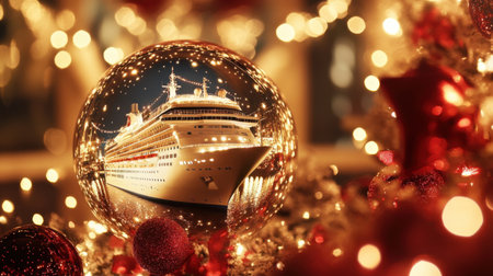 This captivating image features a Christmas cruise scene within a snow globe, embellished with vibrant decorations and warm lights, perfect for festive themes and holiday celebration.の素材
