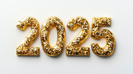 Shimmering golden numbers 2025 on a clean background represent celebration and a bright future, perfect for party decorations or promotional materials for upcoming events.の素材