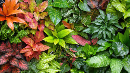 A stunning assortment of indoor plants showcasing vibrant colors and diverse leaf shapes, perfect for enhancing home or office decor and promoting a calming atmosphere.の素材