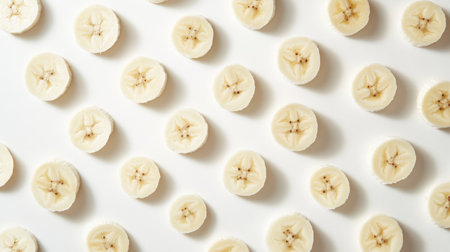 An overhead view of beautifully arranged banana slices on a clean white surface, highlighting the fresh and vibrant qualities of this nutritious fruit, ideal for various culinary presentations.の素材