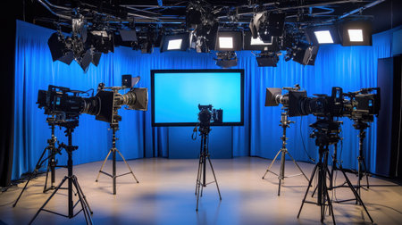 A modern film studio setup showcasing various cameras and bright lights, perfect for high-quality video production or creative broadcasting in a professional environment.の素材