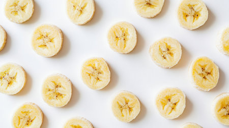 Bright banana slices arranged harmoniously on a white background create a visually appealing pattern ideal for healthy food inspiration and culinary presentations.の素材