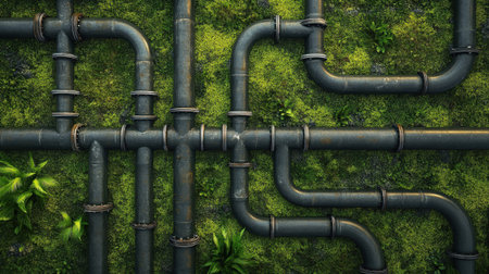 A captivating view of industrial pipes intertwined with vibrant green moss and plants, showcasing the harmony between technology and nature in an urban setting.の素材
