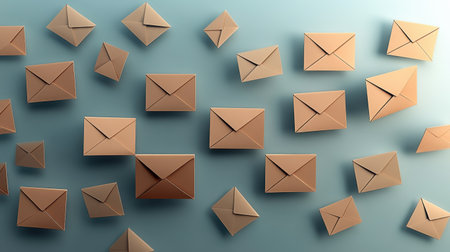 This image showcases a collection of floating brown envelopes set against a soft blue background, ideal for use in communication, mailing, or business-related content.の素材
