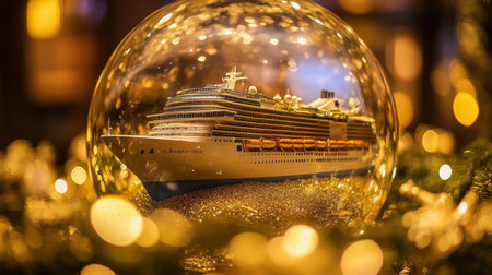 A beautiful snow globe showcases a model cruise ship that embodies holiday spirit, surrounded by enchanting warm lights creating a cozy atmosphere perfect for winter celebrations.の素材