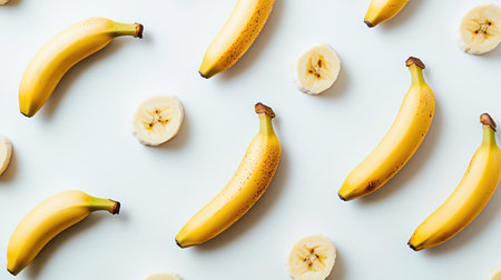 A visually appealing composition featuring whole bananas and sliced banana pieces arranged artistically on a soft blue background, perfect for healthy lifestyle themes.の素材