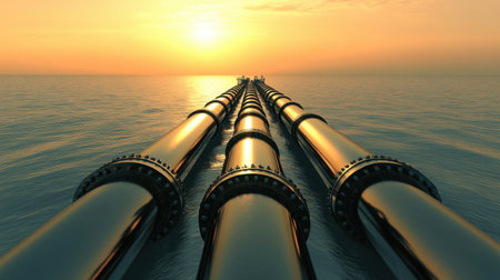 A stunning view of a long pipeline extending into tranquil waters during sunset. The image captures the intersection of industry and nature, showcasing innovation in aquatic resource management.の素材