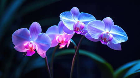 Discover the mesmerizing beauty of neon-lit purple orchids against a dark backdrop, showcasing their delicate petals in an exquisite display of natural elegance.の素材