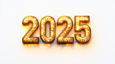 A vibrant representation of the year 2025 with sparkling golden numbers, perfect for promoting celebrations, parties, or events marking this significant milestone.の素材