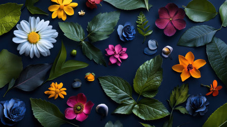 Discover a captivating display of various flowers and leaves beautifully arranged on a dark background, epitomizing the rich beauty of nature and creative inspiration.の素材
