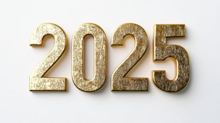 Golden numerals representing the year 2025, featuring a sparkling texture against a clean white backdrop, ideal for festive greetings and event promotions.の素材