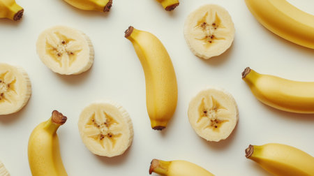 An aesthetically pleasing arrangement of fresh bananas and sliced banana halves on a white background, ideal for food-related projects and healthy lifestyle themes.の素材