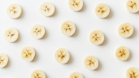 Freshly sliced bananas on a white background create a vibrant and eye-catching image, perfect for themed culinary projects or healthy food presentations.の素材