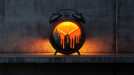 A unique clock featuring a melting design with a warm orange glow, set against a textured concrete background. This artwork captures the essence of time in a creative way.の素材