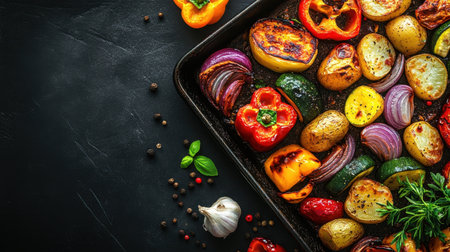 A vibrant assortment of roasted vegetables, including bell peppers, onions, potatoes, and garlic, showcased on a dark background to highlight their rich colors and textures.の素材
