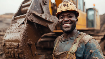 A muddy construction worker with a helmet and a bright smile stands next to a heavy-duty excavator, capturing the essence of hands-on laborの素材