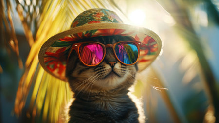 Stylish cat in a tropical-themed hat and bold sunglasses, surrounded by blurred palm trees and warm summer light for an artistic flairの素材