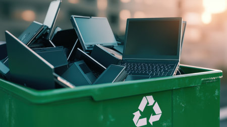 A pile of laptops in a green recycling bin, with a clear recycling logo in focus, highlighting the importance of e-waste recyclingの素材