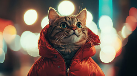 Party-ready tabby cat in a red jacket, standing coolly with its head tilted amidst a dynamic city light backdropの素材