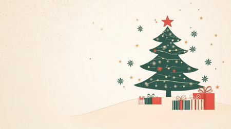 Christmas card with a stylish green tree illustration and gifts set on a light cream background, perfect for warm greetings.の素材