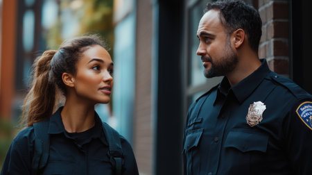 A woman and a police officer in a calm discussion, framed by an urban backdrop, symbolizing trust and communication in public safetyの素材