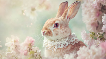 A charming rabbit dons an elegant lace collar, surrounded by delicate pastel blooms, exuding a vintage aesthetic and tranquil beauty against a soft backdropの素材