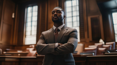In a quiet courtroom, a Black man stands confidently before the judge's bench, embodying dignity and the pursuit of justice.の素材