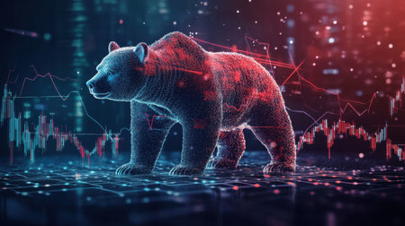 This captivating digital illustration features a bear standing firmly amidst a backdrop of data visualizations, symbolizing market trends and economic fluctuations.の素材