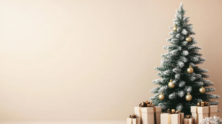 Green Christmas tree and wrapped gifts against a soft cream background, creating a classy and minimal holiday card design.の素材