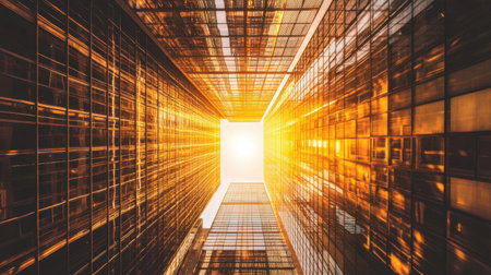 Captivating urban scene featuring skyscrapers reflecting sunlight at sunset, showcasing a stunning interplay of light and glass that highlights modern architecture.の素材