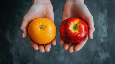 Close-up of hands offering an apple and an orange, symbolizing choice and variety against a dark grey backdrop.の素材