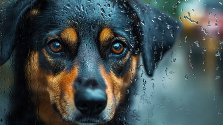 Thoughtful canine peers through a rain-speckled window at the wet, vibrant outdoors, its face reflecting calm anticipation.の素材