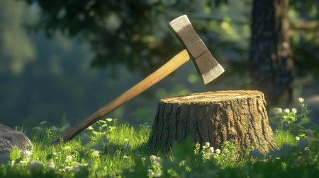 This image captures a strong axe resting on a tree stump amidst vibrant green grass and delicate wildflowers, evoking a serene forest experience.の素材