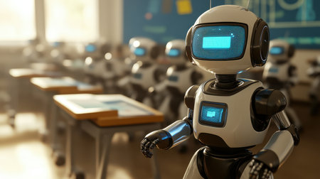 A futuristic classroom featuring humanoid robots designed for educational purposes, showcasing technology and innovation in a modern learning environment.の素材