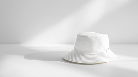 This image features a stylish white bucket hat placed on a minimalist surface, beautifully illuminated by soft natural light, perfect for fashion and lifestyle themes.の素材